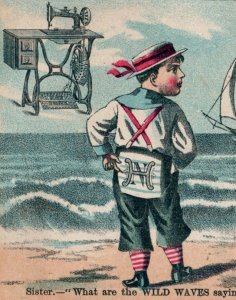 1880s New Home Sewing Machine Beach Scene Sailboat Children F148