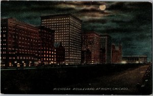 Michigan Boulevard at Night Chicago IL Vintage Postcard X35