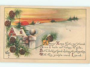 Pre-Linen Christmas signed KATHRYN ELLIOTT - BEAUTIFUL SUNSET ON THE SNOW AB5512