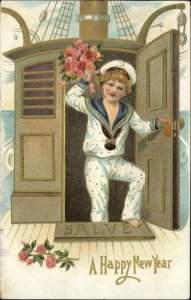 New Year Little Sailor Boy w/ Flowers c1910 Embossed Postcard