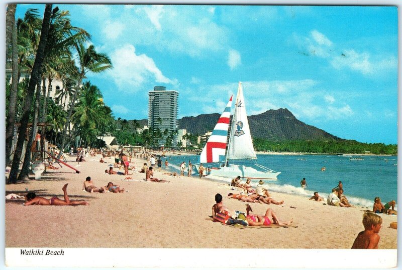 c1970s Waikiki, HI Beach Sailboat Palm Trees Diamond Head Chrome 4x6 PC M15