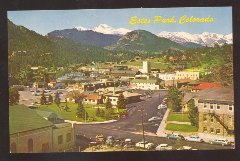 ESTES PARK COLORADO 1950's CARS BIRDSEYE VIEW DOWNTOWN VINTAGE POSTCARD