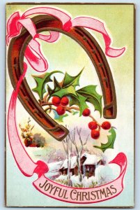 Christmas Postcard Horseshoe And Holly Berries Embossed Albany New York NY 1912