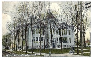 Charlotte Michigan High School No Leaves on Trees Postcard Posted c1900s