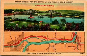 Vtg Bloom Bros Linen Postcard - Longview, Washington WA - Longview Bridge