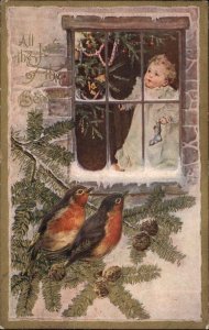 Christmas Children Toddler Decorate Tree Birds Embossed c1900s-10s Postcard