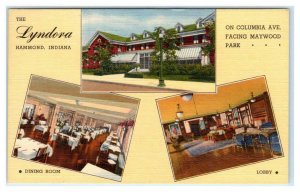 HAMMOND, Indiana IN ~ Roadside LYNDORA HOME Dining Room & Lobby c1940s Postcard