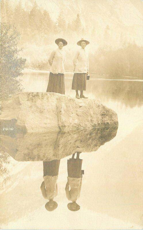 C-1910 Two women Mirror Lake Yosemite California RPPC Photo Postcard 3386