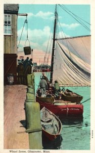 Vintage Postcard Wharf Scene Fishermen Fishing Fleet Gloucester Massachusetts MA