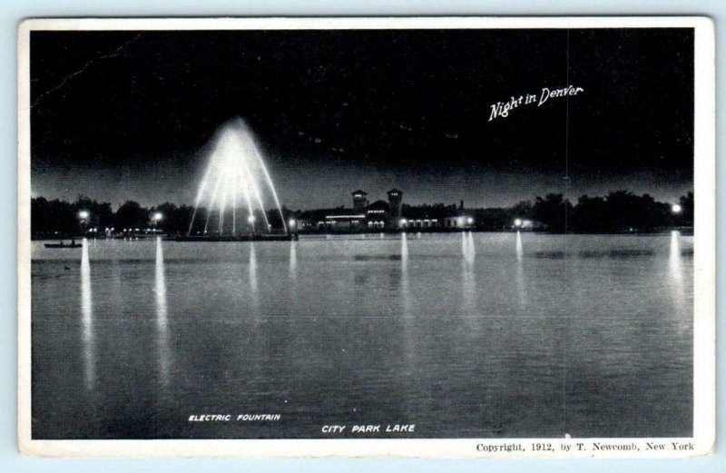 DENVER, Colorado CO ~ Electric Fountain at Night CITY PARK LAKE 1912 Postcard