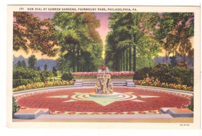 Sundial, Sunken Gardens, Fairmount Park, Philadelphia Vintage Linen Postcard