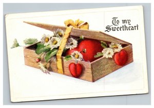 Vintage 1910' Valentines Postcard Giant Heart in a Box of Flowers Yellow Bow