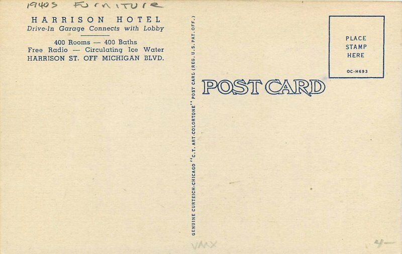 Chicago Illinois Harrison Hotel interior Postcard Teich linen 21-168