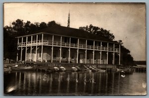 Postcard RPPC c1909 Spiritwood Lake ND View of Tuckers Pavilion Canoes