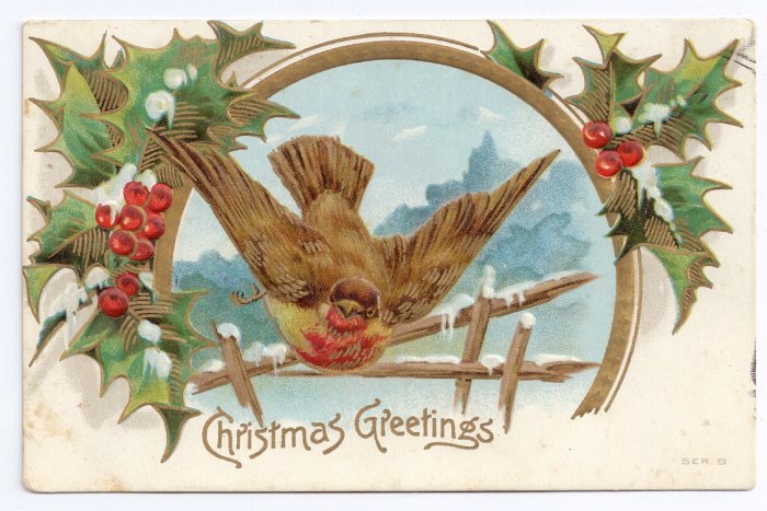 Christmas Bird Snowoy Winter Scene Holly Embossed Gold Gilt Frame Vntg Postcard