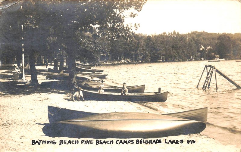 Belgrade Lakes ME Bathing Beach Pine Beach Camps Canoe's, Real Photo Postcard 