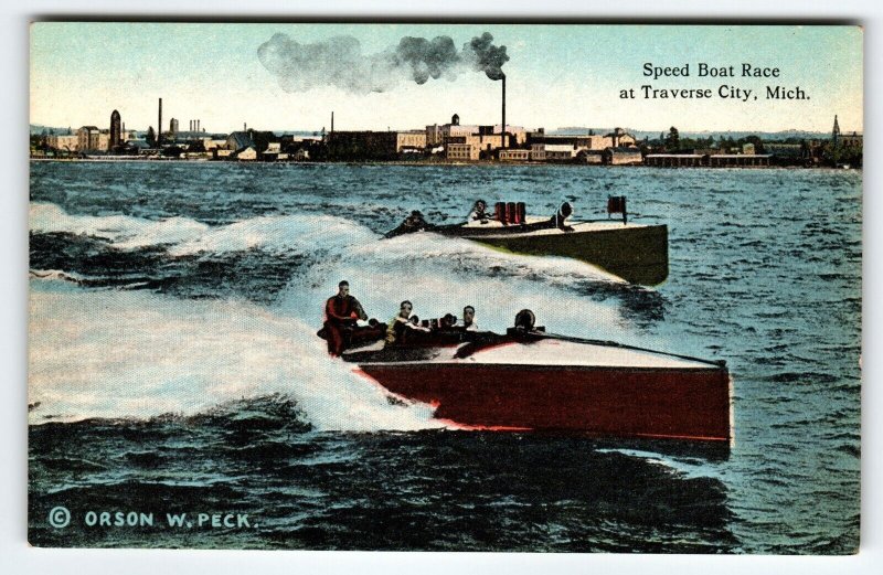 Speed Boat Race Postcard  Traverse City Michigan Orson W Peck Curt Teich Unused