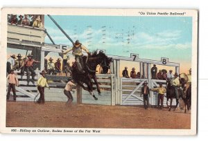 Cheyenne Wyoming WY Creased Postcard 1949 Cheyenne Rodeo Riding an Outlaw
