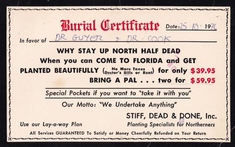 Burial Request To Die Comic Florida USA Death Sentence Postcard