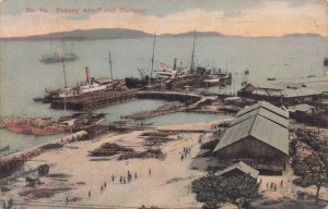 Penang Wharf & Harbour Malaysia Boats Antique Postcard