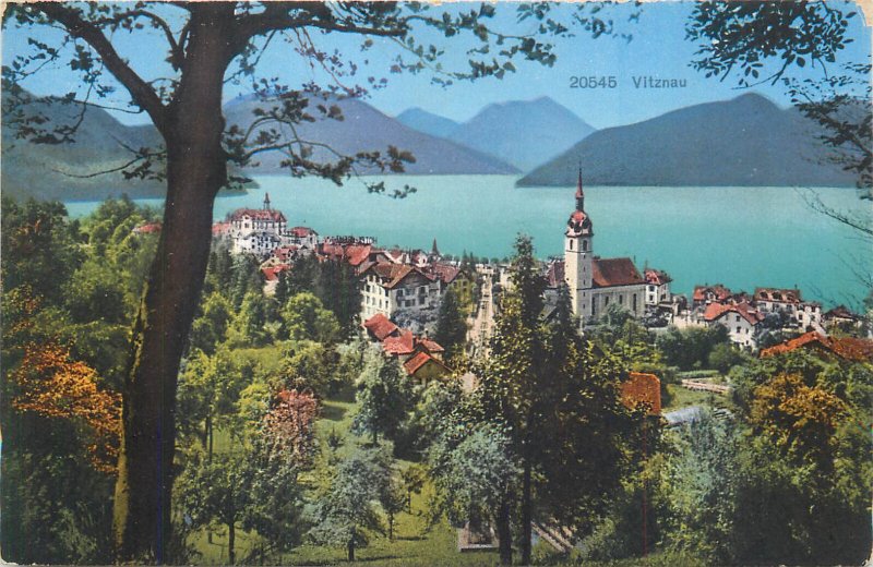 B516 Switzerland Vitznau idyllic bay of Lake Lucerne panorama vintage postcard