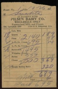 1925 CHICAGO IL PILSEN DAIRY CO. RIDGEWAY AVE WHOLESALE ONLY INVOICE 35-29