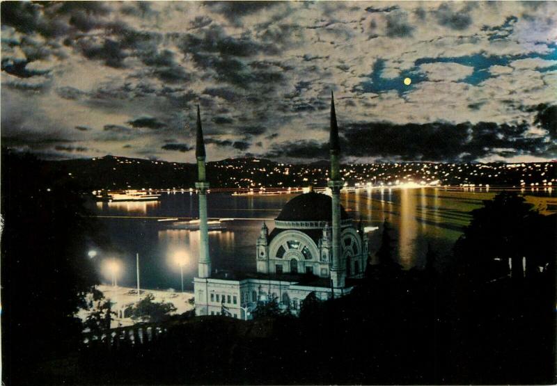 Dolmabahce Mosque & Bosphorus moonlight Turkey postcard