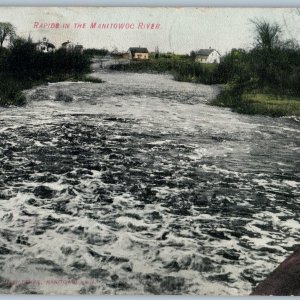 c1909 Manitowoc River, WI Rapids Hand Colored Flood PC Pub Signed Benke Wis A189