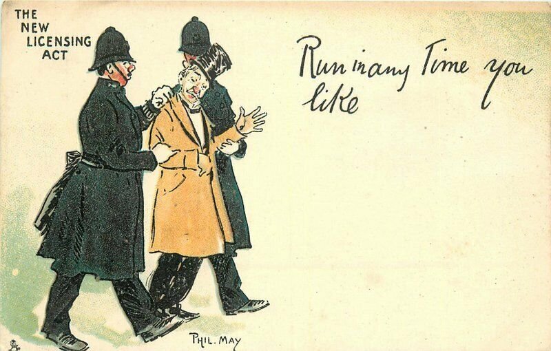 Artist impression C-1908 Comic Humor Phil May Tuck Police Drunk Postcard 20-2806