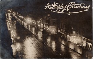 New Westminster BC 'A Happy Christmas' Night Scene Xmas Real Photo Postcard E73
