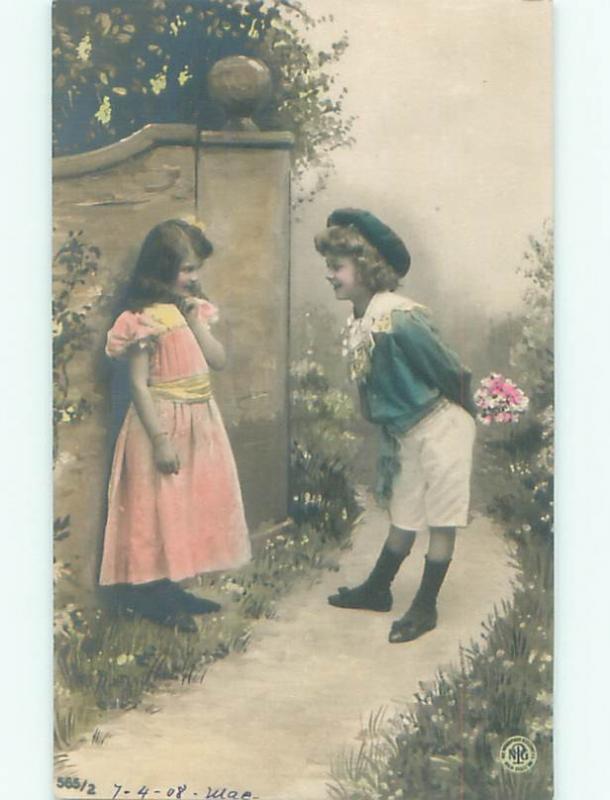 tinted rppc c1910 BOY GIVES FLOWERS TO GIRL AC9172