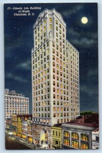 1940 Charlotte North Carolina NC Vintage Postcard Liberty Life Building Night