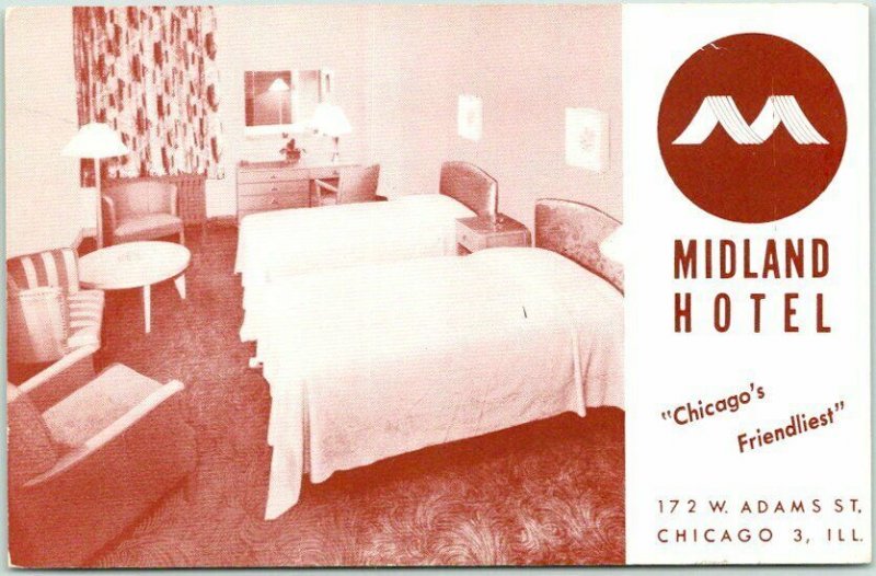 Unused The Midland Hotel on West Adams Street Vintage Chicago Postcard