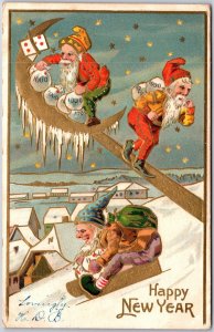 Happy New Year, 1908 Three Dwarfs With Money Bags Over Snowy Village, Postcard
