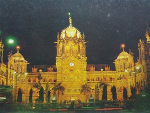 Victoria Terminus VT Railway Station Lit Up at Night Vintage Postcard