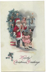 Hearty Christmas Greetings Santa With Three Children Embossed