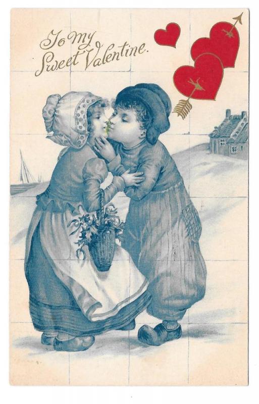 Valentine Dutch Kids Boy Girl Kissing Red Hearts 1908 