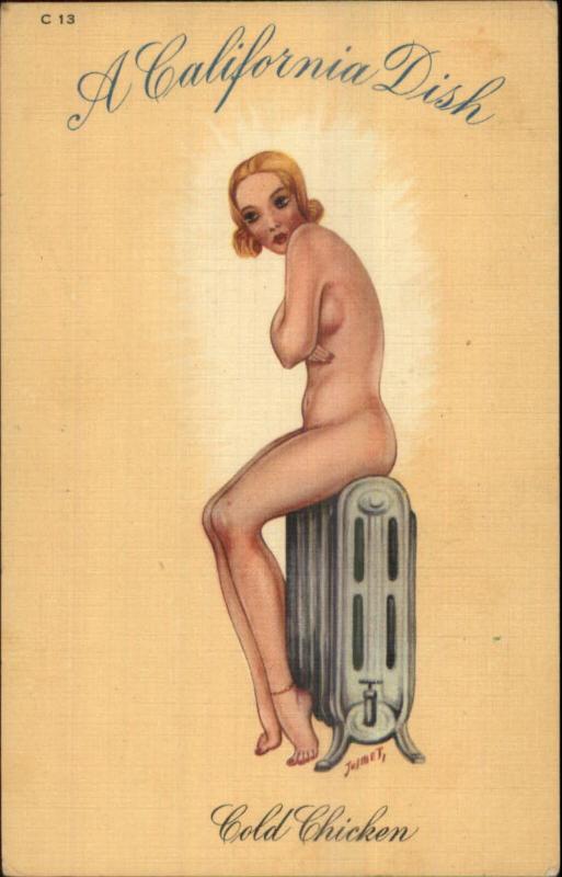 Nude Pin-Up Woman on Radiator COLD CHICKEN California Dish C13 LINEN PC