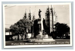 Vintage 1950's RPPC Postcard Brigham Young Monument & Mormon Temple Utah