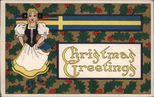 Christmas Swiss Girl and Sweden Flag Holly Background Vintage Postcard