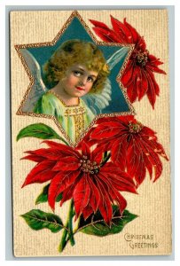 Vintage 1910's Winsch Christmas Postcard Cute Angel Gold Star Poinsettias NICE