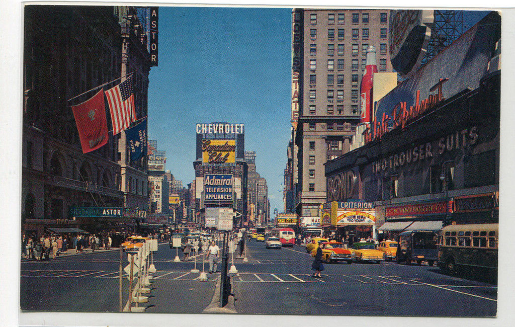 Times Square Street Scene Cars Cabs New York City 1950s postcard ...