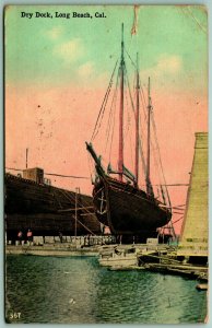 Ship at Dry Dock Long Beach California CA 1914 DB Postcard H8