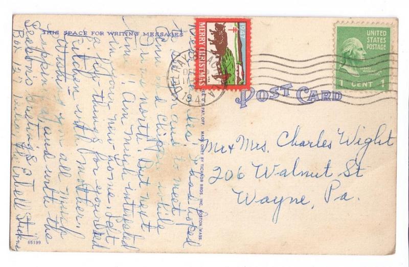 Delray Beach Florida 1947 Christmas Seal Tied On PPC Linen