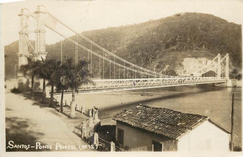 1930s RPPC Postcard Santos Brasil, Ponte Pensil (No.72) Suspension Bridge posted