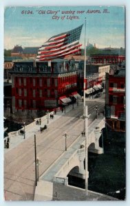 AURORA, IL Illinois~  STREET SCENE & OLD GLORY  1913  Kane County  Postcard