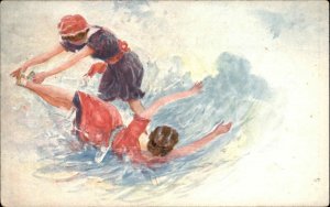Bathing Beauty  Women Knocked Down by Waves Hildesheimer c1910 Postcard