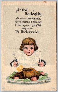 Glad Thanksgiving Day Greetings 1920 Postcard Child Knife Fork Turkey Dinner