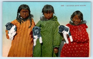 ALASKA ~ 3  CUTE Young ESKIMO GIRLS & Their PUPPIES c1910s Mitchell  Postcard