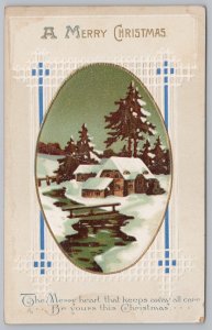 International Art~1561~A Merry Christmas~Small Phrase~River & Bridge~Night~Vtg